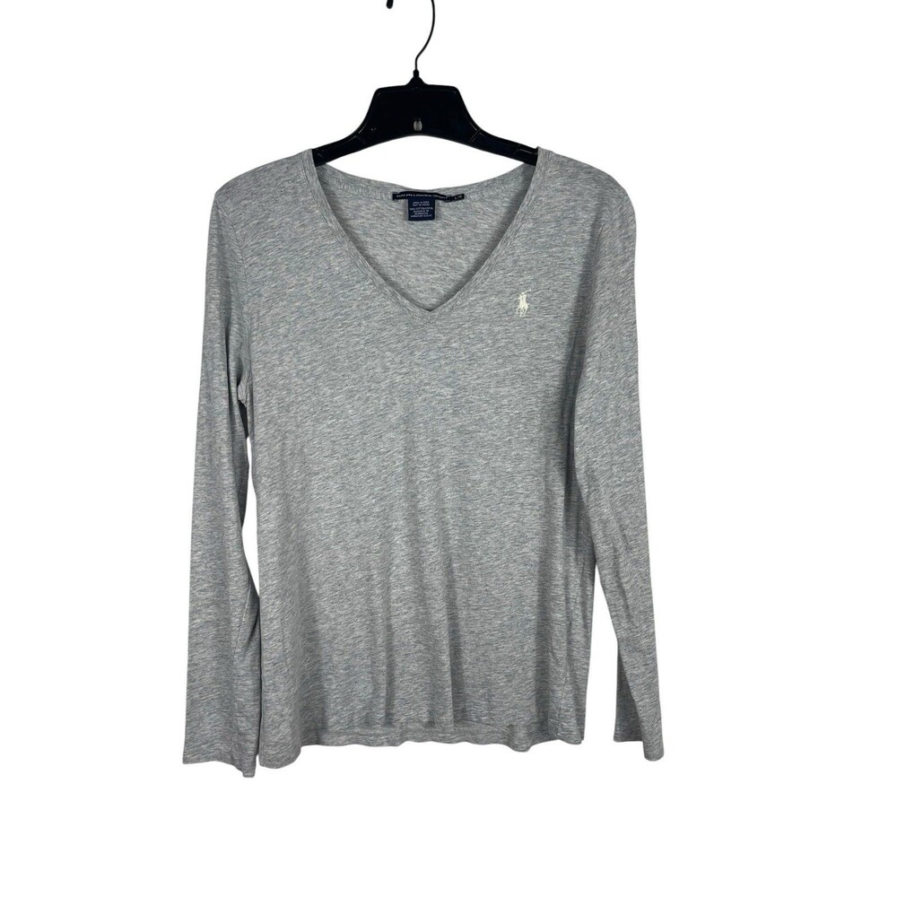 Ralph Lauren Sport Gray Cotton V Neck Long Sleeve T-Shirt L Preppy Pony Logo Y2K